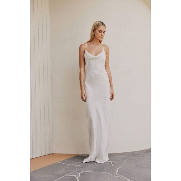 CURAAE Bella Maxi Cowl Neck Pinstripe Slip Dress In White Cocktail Size S NWT - Picture 2 of 6